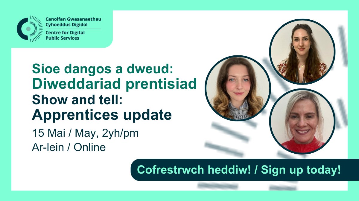 Centre for Digital Public Services (@cdps_cymru) on Twitter photo 📣Event announcement📣
On May 15 our apprentices, <a href="/ucd_apprentice/">Ruth Garner</a>, Sarah and Alex, will be giving a show and tell to update on what they’ve been up to over the last few months.
Find out more and sign up today: digitalpublicservices.gov.wales/courses-and-ev… 📣Event announcement📣
On May 15 our apprentices, <a href="/ucd_apprentice/">Ruth Garner</a>, Sarah and Alex, will be giving a show and tell to update on what they’ve been up to over the last few months.
Find out more and sign up today: digitalpublicservices.gov.wales/courses-and-ev…