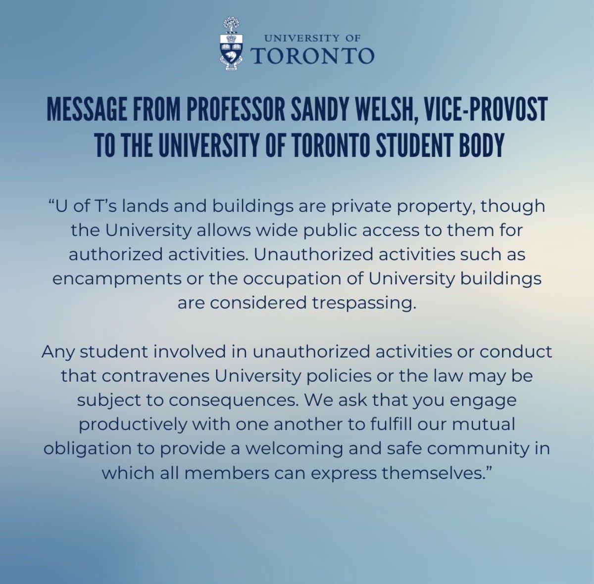 Antisemitic slogans calling for the eradication of Israel front and centre at University of Toronto this morning, where protesters scaled the fencing and set up an encampment overnight. The university made its position on these activities clear last week. Awaiting their response.