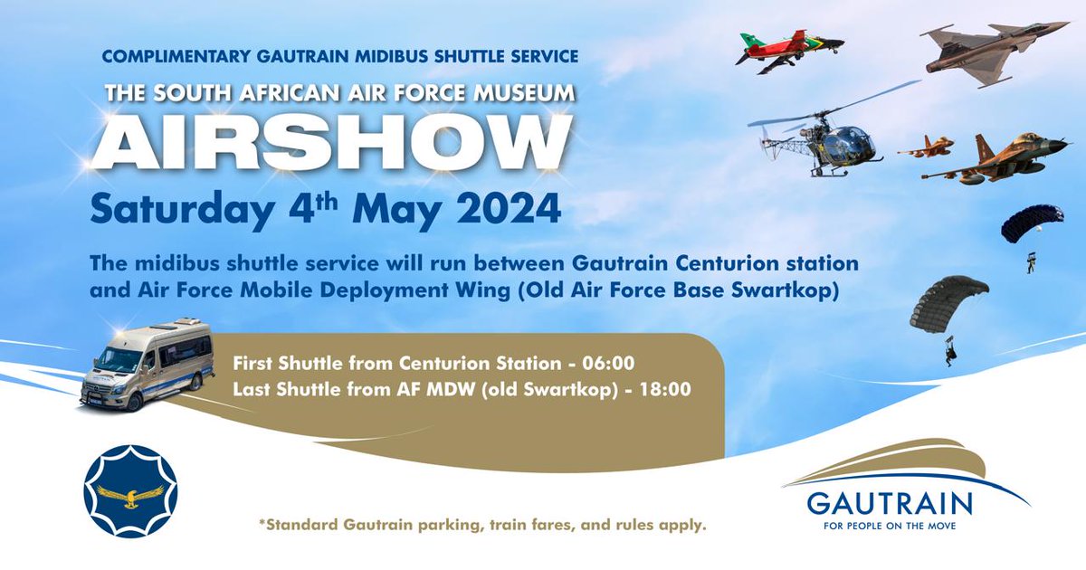 Parking woes for who? Traffic jams for who when score free complimentary shuttle rides from Gautrain Station Centurion to SAAF Mobile Deployment Wing where the  Air Show will take place on 04 May 24? All you need is to produce your Air Show ticket to qualify for the ride.

#SANDF