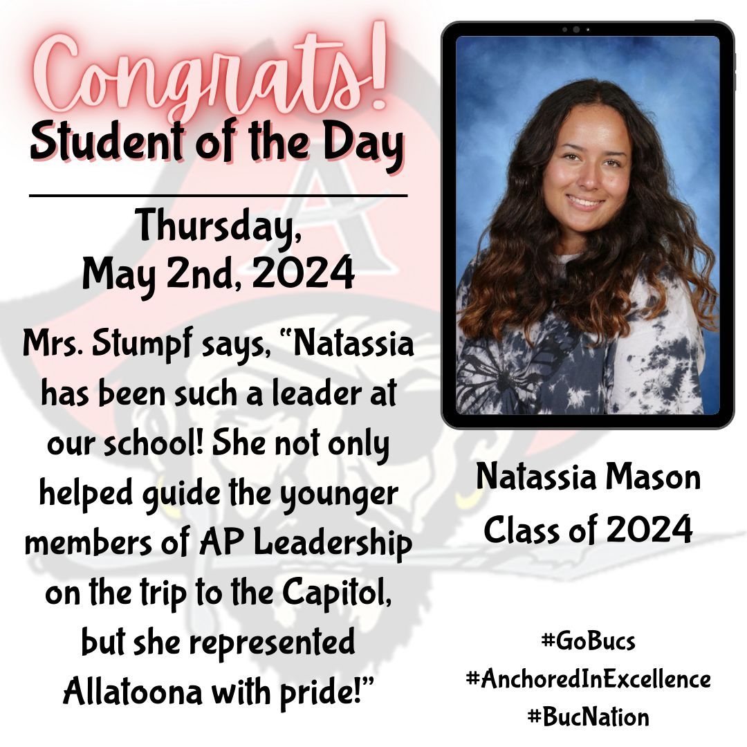 Congratulations to our Student of the Day Natassia Mason! #GoBucs #AnchoredInExcellence #BucNation @cobbschools