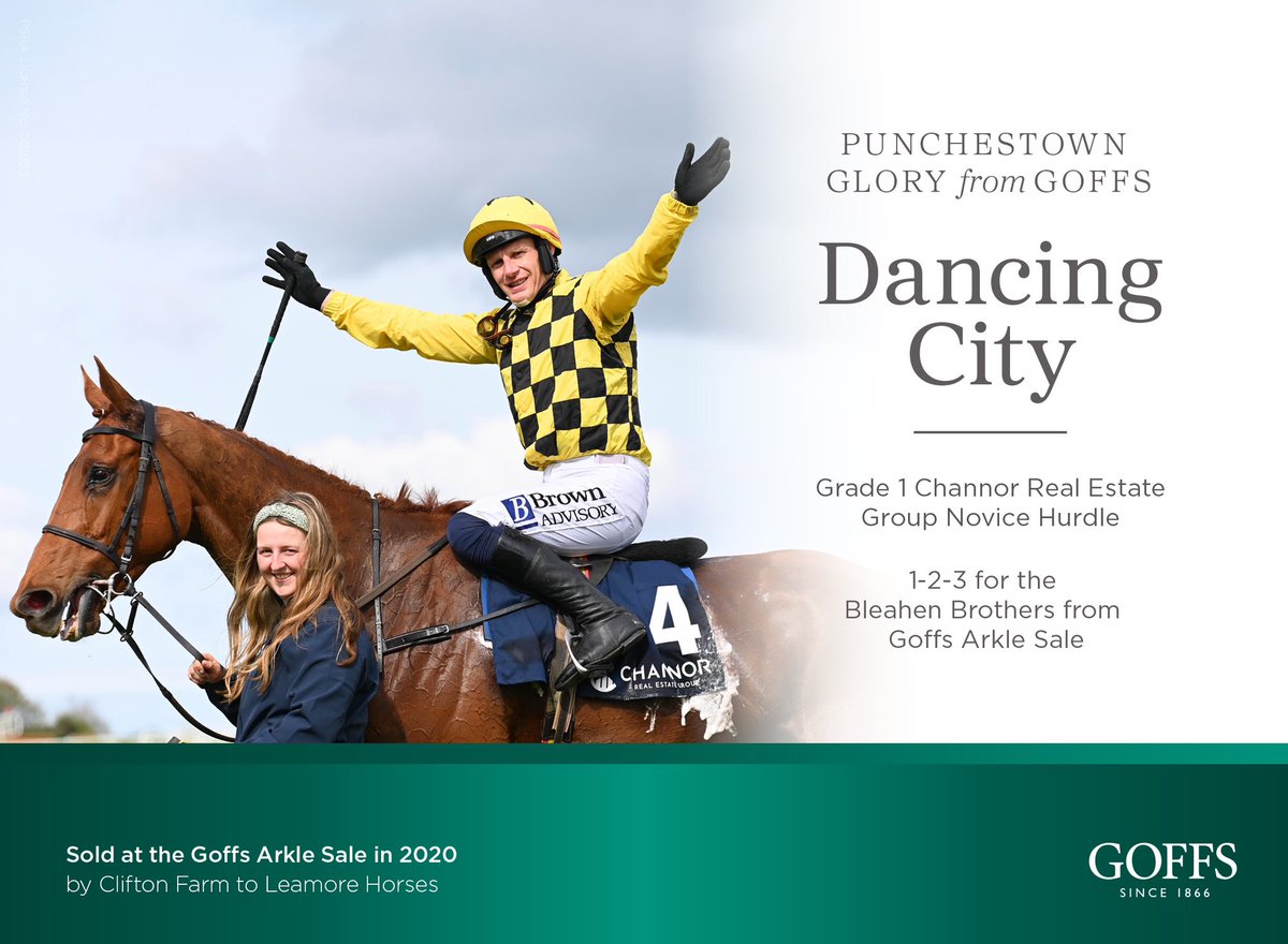 Gr.1 Punchestown glory for @Goffs1866 Arkle Sale graduate DANCING CITY 💥 Winner of the Gr.1 Channor Real Estate Group Novice Hurdle @punchestownrace 🏆 1-2-3 for the Bleahen Brothers from @Goffs1866 Arkle Sale 🥇🥈🥉 #ReadAllAboutIt