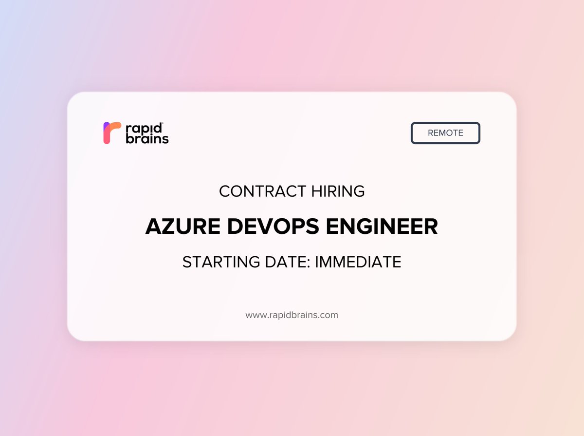Apply here - lnkd.in/gBEUVy2N

RapidBrains is looking for remote contractors for the position of Azure Devops Engineer.

Join our LinkedIn group - lnkd.in/ghK66wSa

#Remotework #Remotejob #Remotedeveloper #Remotehire #Contract #Azure #Devopsengineer #RapidBrains
