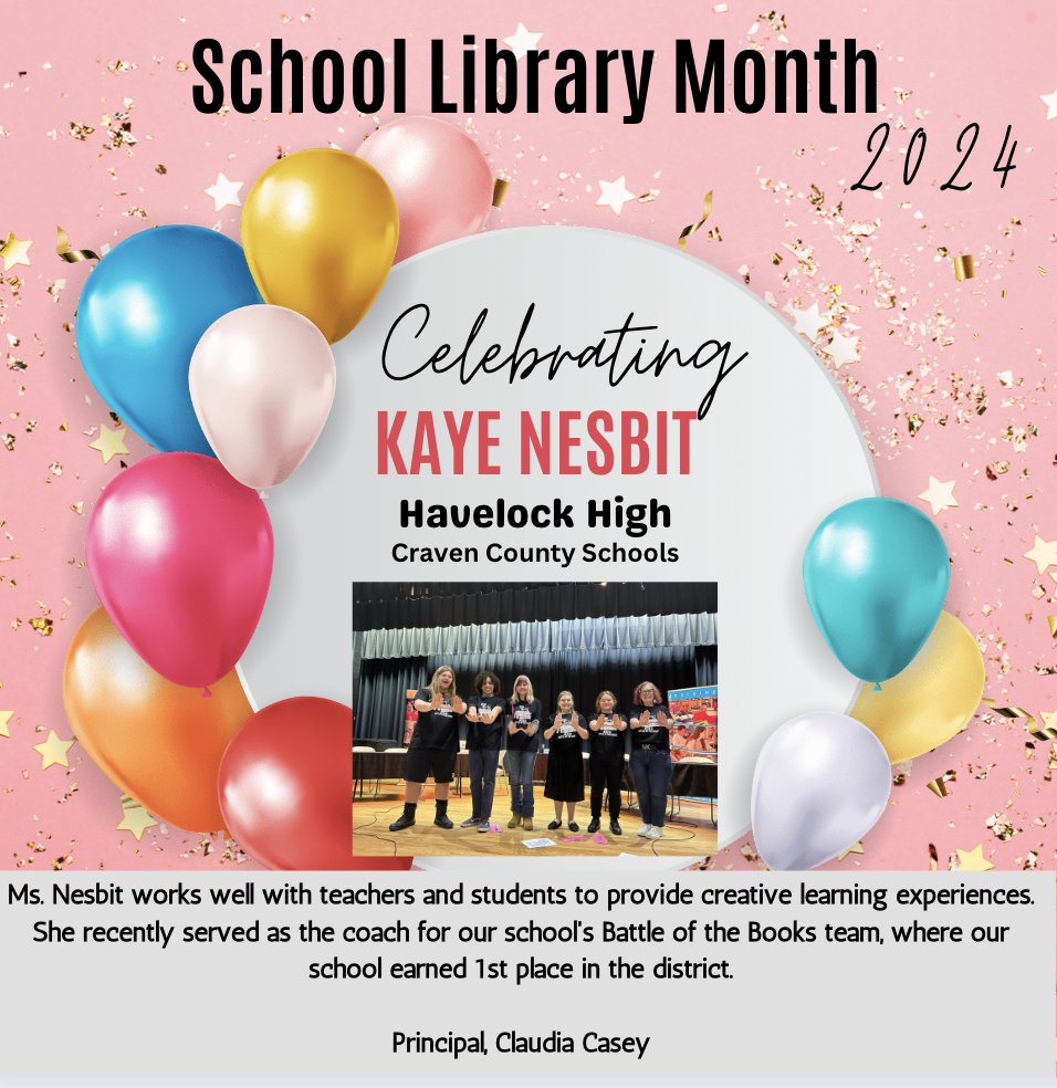 Continuing our celebration of SLMCs who are the heart of the school. #AASL @NCSLMA #SchoolLibraryMonth @havelockhigh @Nesbitk14