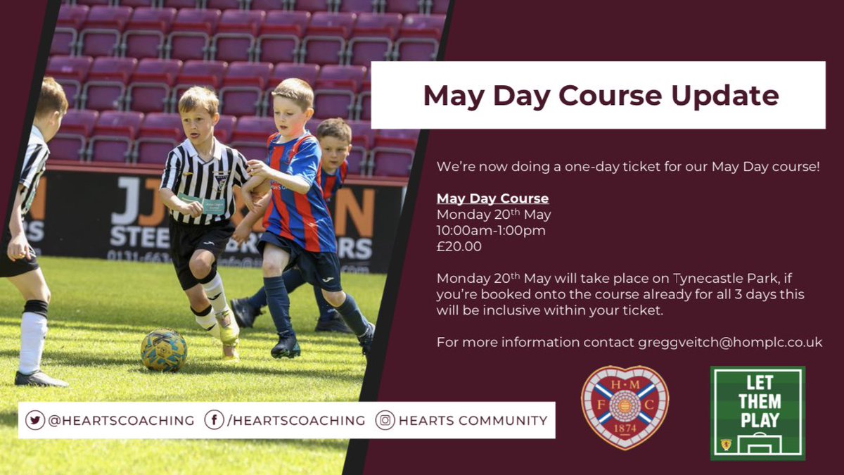 Tynecastle Park Play the Game 📅 Monday 20th May ⌚️ 10:00am - 1:00pm 🏟️ Tynecastle Park (on the pitch 😎) 💷 £20.00 Book Now 🔗 bit.ly/MAYPTGC Please note if you’re booked on already this is included in your ticket! we do still have 2 & 3 day options available ⚽️