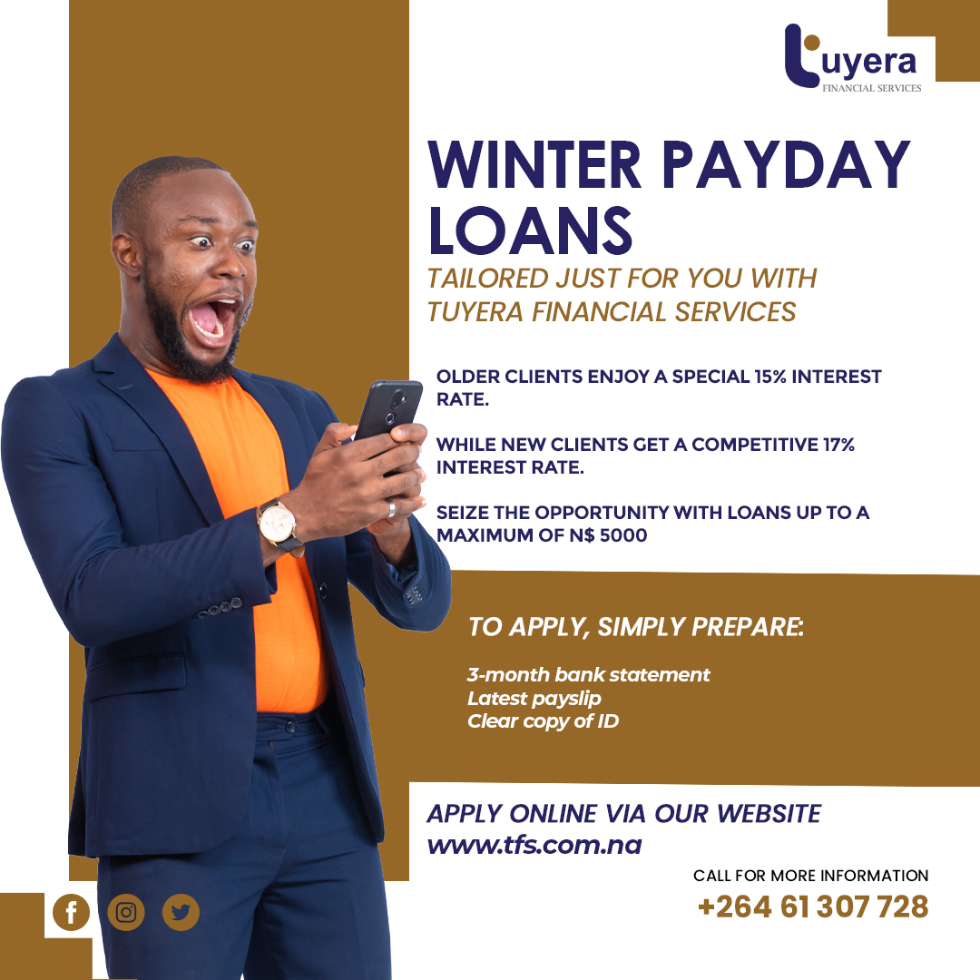 Visit our website at tfs.com.na and embark on your journey towards financial empowerment today! 

#tuyerafinancialservices #WinterLoans #FinancialEmpowerment #PersonalLoan