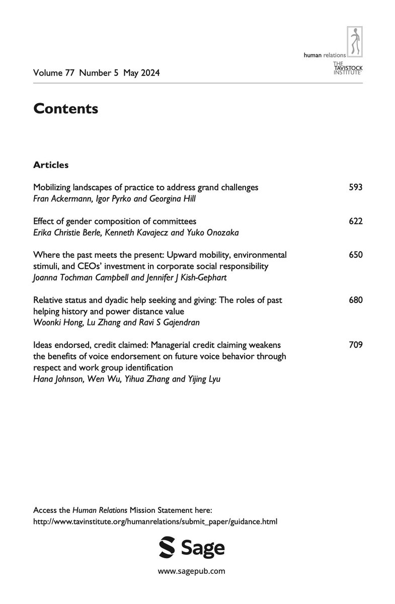 The #May #Issue of Human Relations is out! Enjoy reading a wide range of interesting and important topics on: -- Grand #challenges -- Upward #mobility, CEO involvement and #CSR -- Relative status and #help #seeking behaviour among many other topics. @T_I_H_R @HR_TIHR