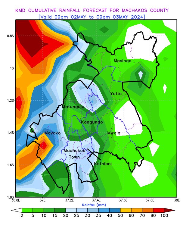 🌧️ Heavy to very heavy rainfall forecast maps for Kajiado, Kiambu, Murang’a, and Machakos are available. Stay informed about the weather conditions in your area to stay safe. #RainfallForecast #Kajiado #Kiambu #Murang'a #Machakos 🗺️