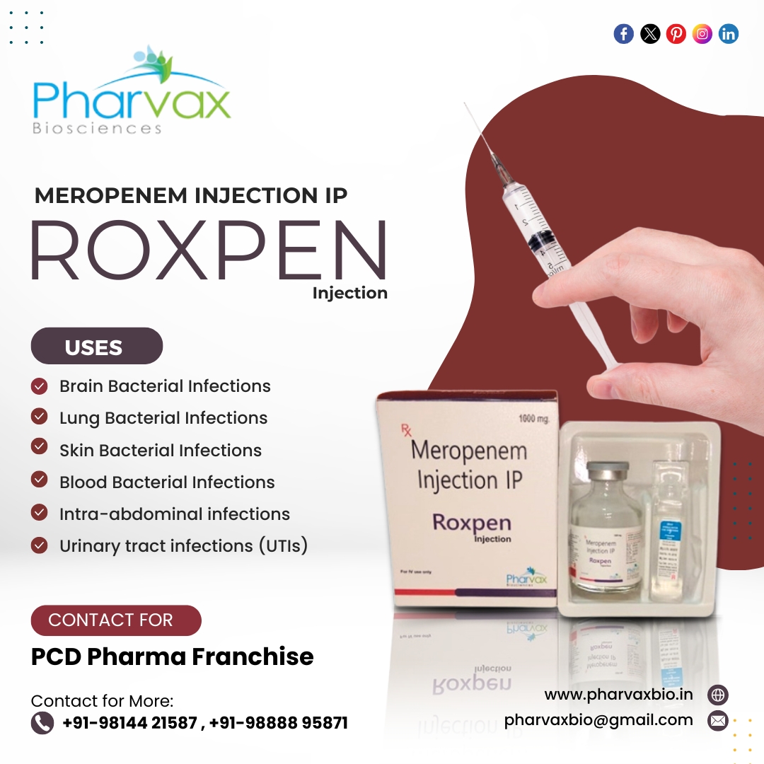 Meropenem Injection: A broad-spectrum antibiotic for a wide range of bacterial threats. Partner with Pharvax Biosciences for PCD Pharma Franchise.
#meropenem #injection #antibiotic #PCDPharmaFranchise #PharvaxBiosciences