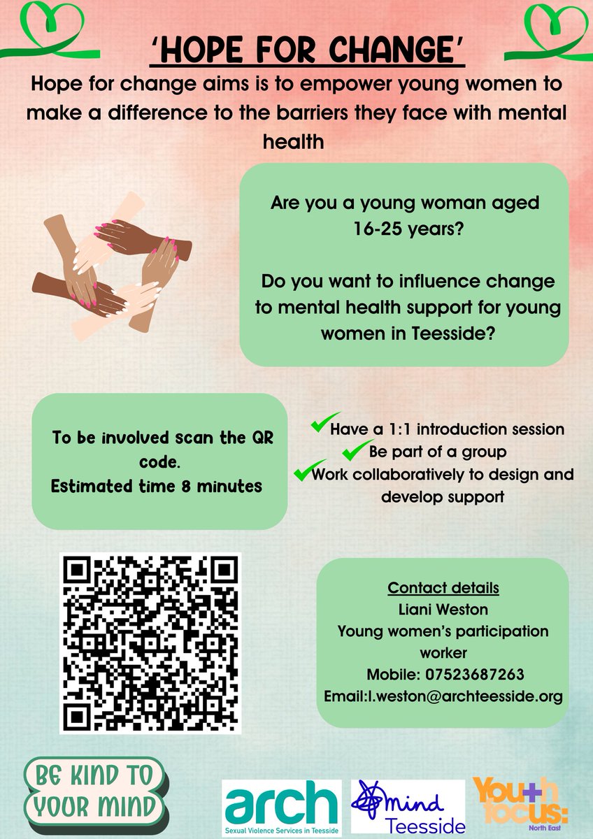 ❓Are a young woman between 16-25? ❓Do you want to influence change to mental heath support in Teesside? If so, we want to hear from you! Our Hope for Change Project helps empower young women to make a difference to barriers that they face with their mental health! 💪