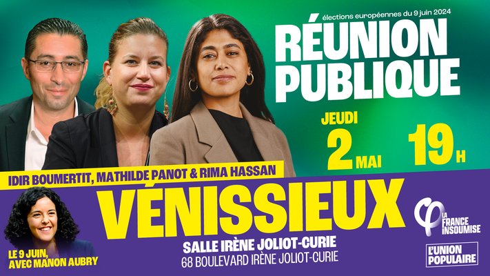 🔴 Ce soir, grande réunion publique dans l'Est lyonnais avec la venue de @RimaHas, @MathildePanot et du député local @boumertitidir ! Habitant(e)s de Lyon, Vénissieux, Bron, Saint-Fons et d'ailleurs : VENEZ ! ✊😃