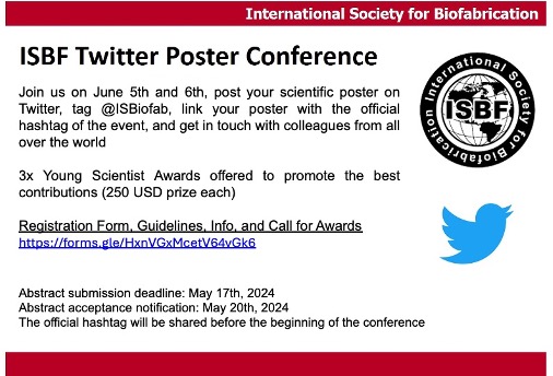 Intl Soc Biofab (@isbiofab) on Twitter photo The <a href="/ISBioFab/">Intl Soc Biofab</a> Twitter Poster Conference is back on June 5/6th! If you are an early career researcher in biofabrication, register now to participate and share your latest research. Awards included for best contributions!
Further info can be found here
forms.gle/HxnVGxMcetV64v⦠The <a href="/ISBioFab/">Intl Soc Biofab</a> Twitter Poster Conference is back on June 5/6th! If you are an early career researcher in biofabrication, register now to participate and share your latest research. Awards included for best contributions!
Further info can be found here
forms.gle/HxnVGxMcetV64vā¦