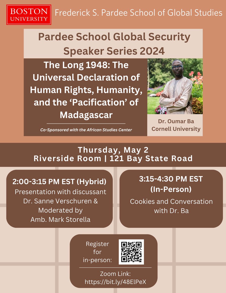 Join us today for Cookies and Conversation with Dr. Oumar Ba from Cornell University! We'll dive into the 'pacification' of Madagascar and its impact on human rights history. Discover how post-World War II dynamics shaped the modern international order. bit.ly/3JGkN7V