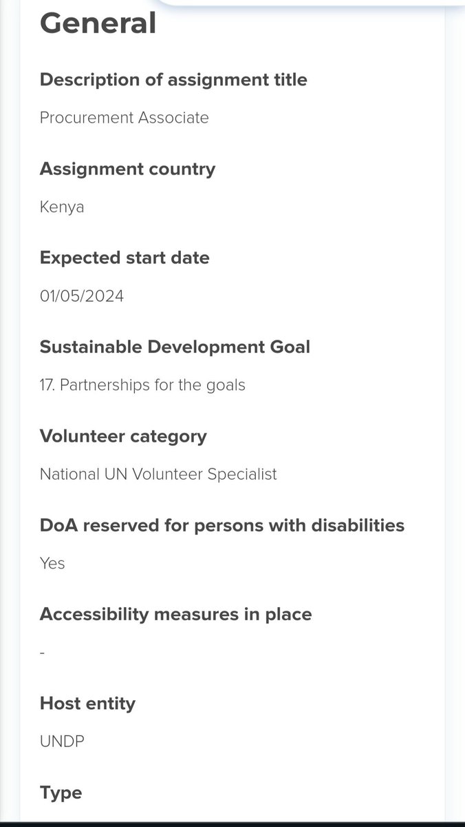 Excited to share another volunteer role specifically for persons with disabilities in Kenya through @UNVolunteers at @UNDP. The role is of a Procurement Associate. The application deadline is 9th May 2024. Applications should be made through: app.unv.org/opportunities/…