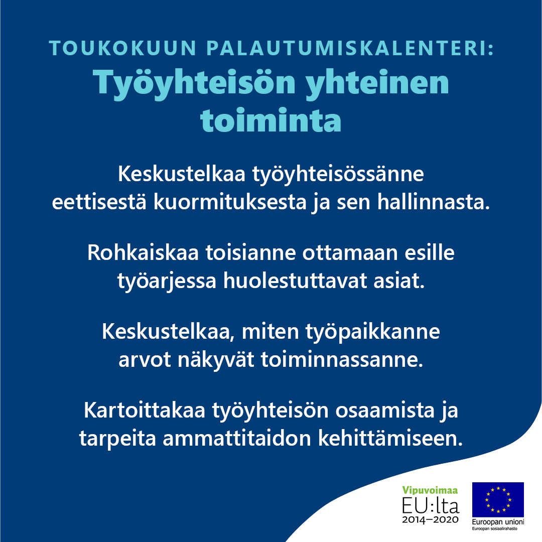 Toukokuussa rakennetaan työyhteisön yhteistä toimintaa palautumisen tueksi. Avoin keskustelu on kaiken A ja O.

Minkä vinkin nappaat ensimmäisenä käyttöösi? Jaa myös toimiva vinkki omasta työyhteisöstäsi!

Palautumiskalenteri: ttl.fi/ollappa
<a href="/tyoterveys/">Työterveyslaitos</a> #palautuminen