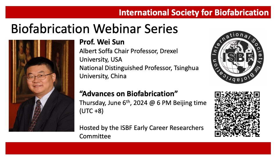 Tweet two The next installment of our @ISBioFab webinar series will take place on June 6th at 6pm Beijing time (UTC+8) with an exciting talk from Prof Wei Sun from Drexel and Tsinghua University. Zoom registration link can be found here tinyurl.com/2a63xrfa @Biofabrication