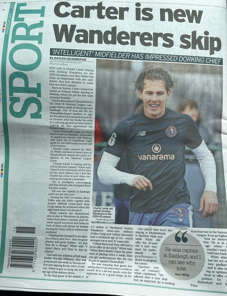 WANDERERS IN THE NEWS 🗞️ See today’s @newsmolevalley for an exclusive interview with Marc White, regarding Charlie Carter’s appointment as captain 👇