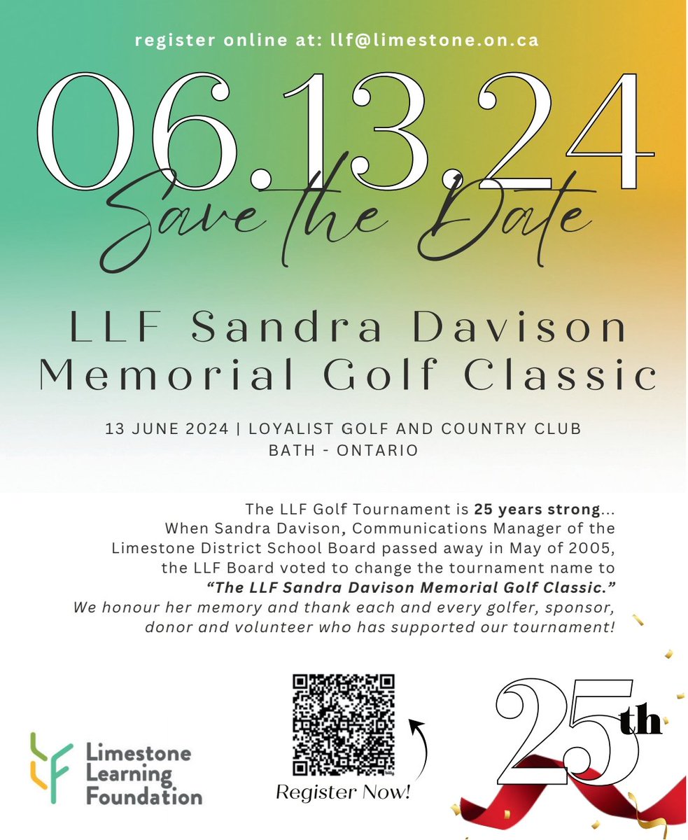 🏌️‍♂️Celebrate 25 years of the LLF Sandra Davison Memorial Golf Classic! Join us on June 13 at @LoyalistGolfCC. Swing for a cause & help fund educational initiatives that support @limestonedsb students & honour Sandra's legacy 📚 Register: bit.ly/3y1Tgvd #GolfForACause
