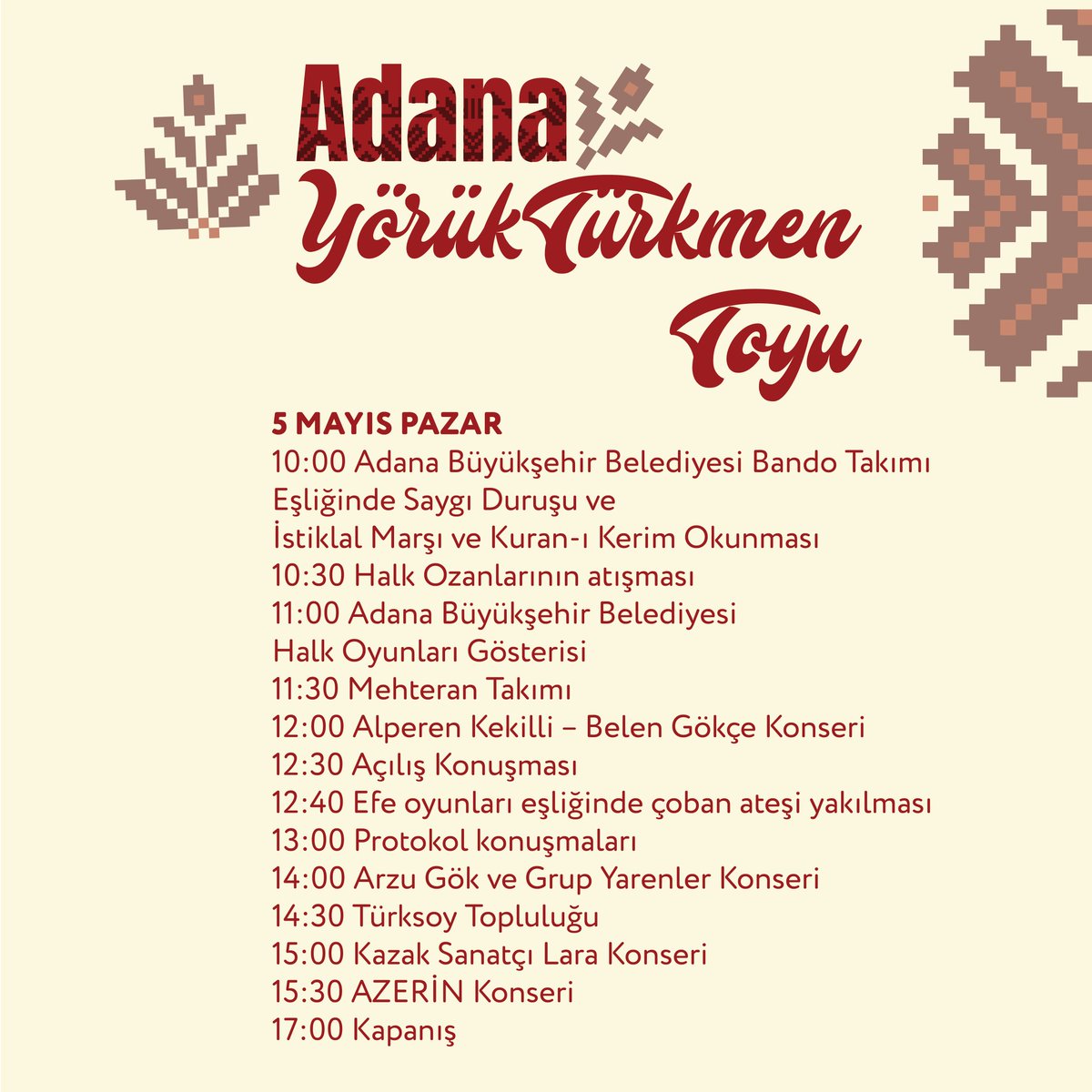Söğüt'ten Sarıçam'a Adana Yörük Türkmen Toyu'muza ve Azerin konserine tüm vatandaşlarımızı bekliyoruz. 🚌 Ücretsiz ulaşım sağlanacaktır. 📅 5 Mayıs Pazar 🕙 10.00-17.00 📍 Sarıçam Mustafalar Köyü Yörük Ormanı