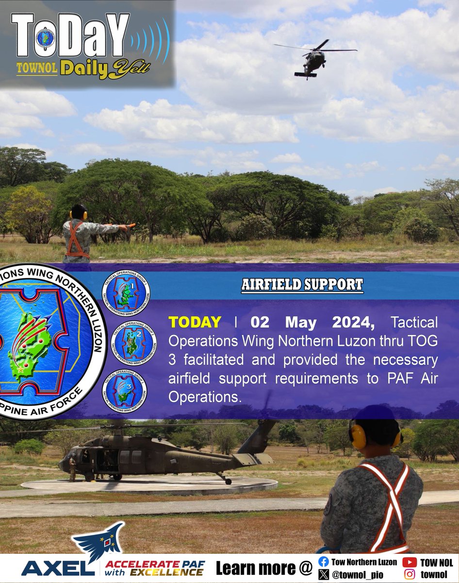 TOWNOL DAILY YELL (TODAY ) l 02 MAY 2024 l AIRFIELD SUPPORT

#taebotakbo
#townoltoday
#PAFyoucanTRUST
#AFPyoucanTRUST
#GuardiansofourPreciousSkies
#AcceleratewithExcellence
