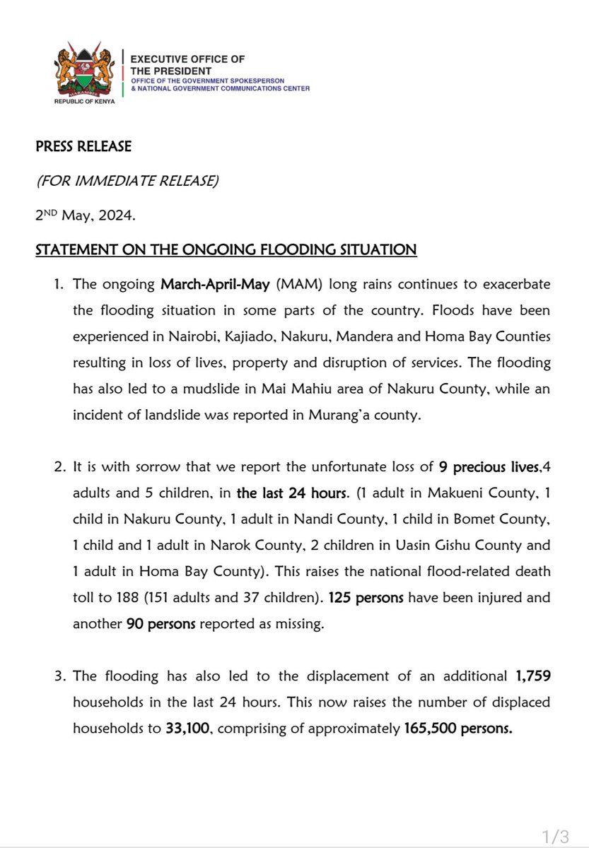 Statement by the Government Spokesman Dr. Isaac Mwaura, CBS, on the Ongoing Flooding Situation.