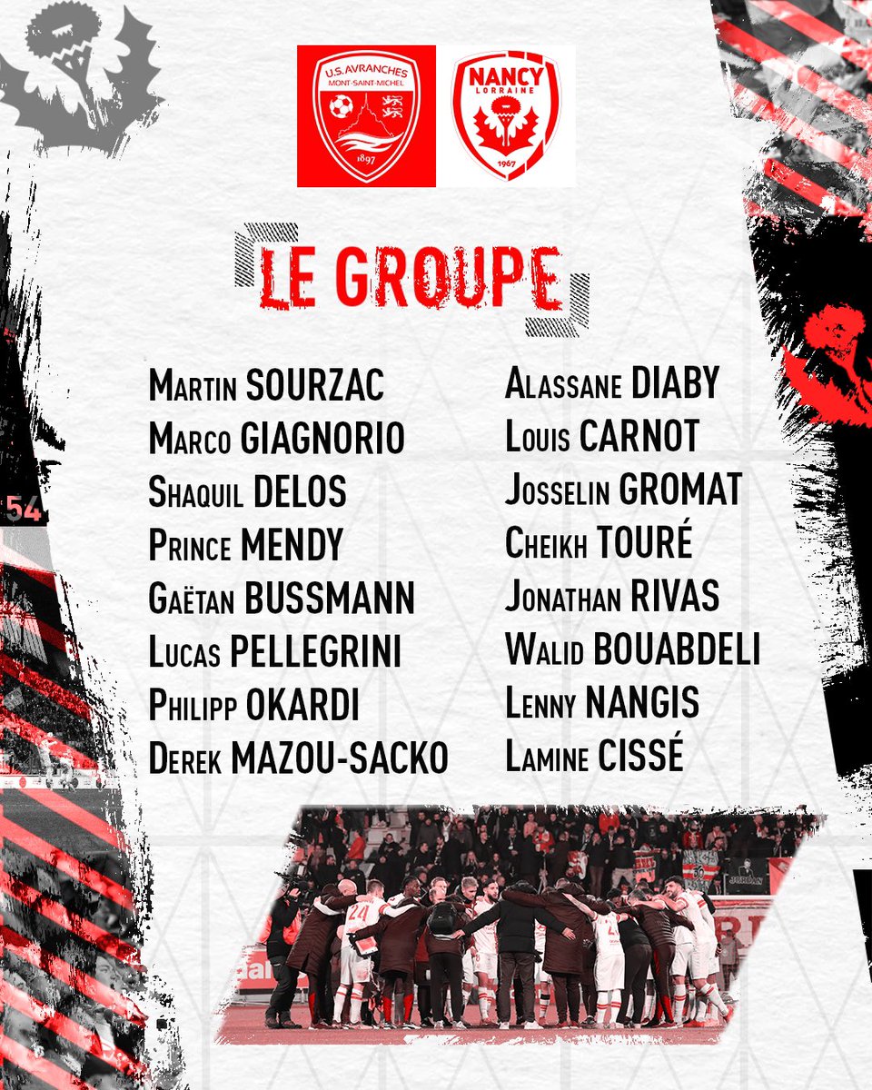 🔴 LE GROUPE #USAASNL ⚪️ Découvrez les joueurs retenus par le coach pour le match contre Avranches ! Choix: Farade, Camara, Kouini, Tacafred Soins/reprise: Gomel, Bouriaud, Nonnenmacher, Lefebvre, Carlier Suspendus : Tayot #ASNL I #FiersDeNosCouleurs I #NationalFFF