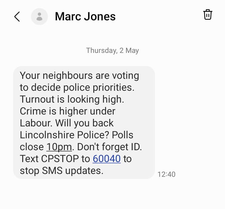 HFalconerMP's tweet photo. What a terribly cynical message from
the Tory police and crime commissioner. Lincs Police Chief Constable said he had “a ridiculous funding position…we still have fewer officers than a decade ago”. Hardly backing the police.
#votemike and Labour for a fresh start. https://t.co/qXYjgmEGNI