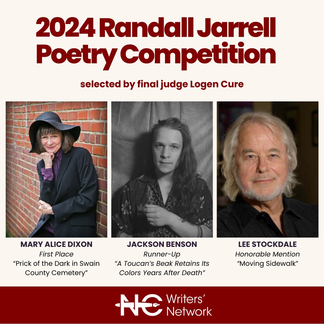 Congrats to the winners and finalists of the 2024 Randall Jarrell Poetry Competition, selected by final judge @logencure: Mary Alice Dixon (winner), Jackson Benson (Runner-Up), and Lee Stockdale (Honorable Mention). Read more: tinyurl.com/2w4rszej.