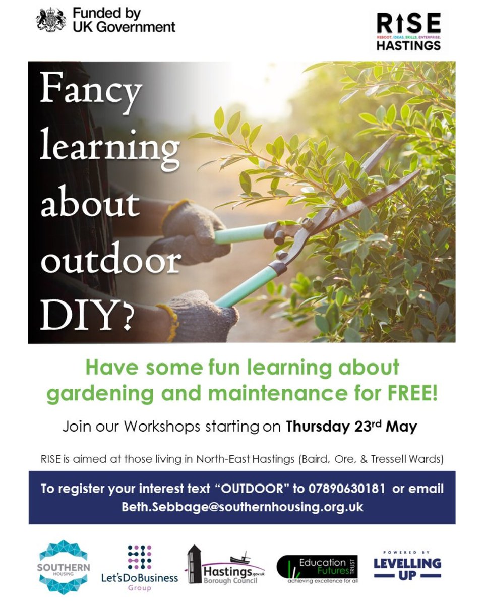 Want to learn more about outdoor DIY? Sign up to this FREE outdoor DIY workshop where you can learn the basics of gardening and garden maintenance. This is for adults (19+) living in North-East Hastings. Text 'OUTDOOR' to 07890630181 or email Beth.Sebbage@southernhousing.org.uk