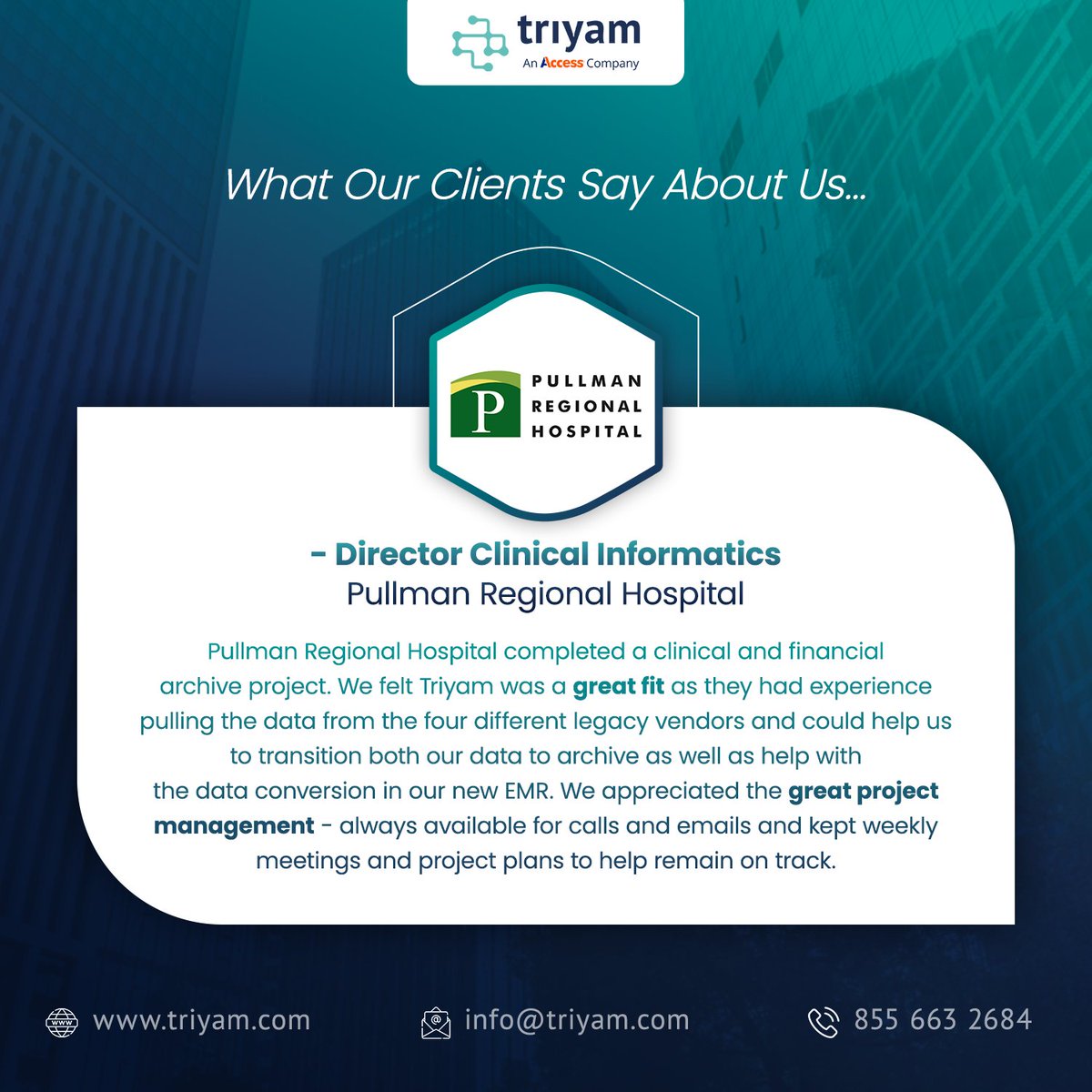 Here’s why Pullman Regional Hospital chose Triyam for their clinical and financial archive project!

Experience the difference with Triyam - where your project success is our top priority!

#CustomerTestimonial #HealthcareIT #DataArchival