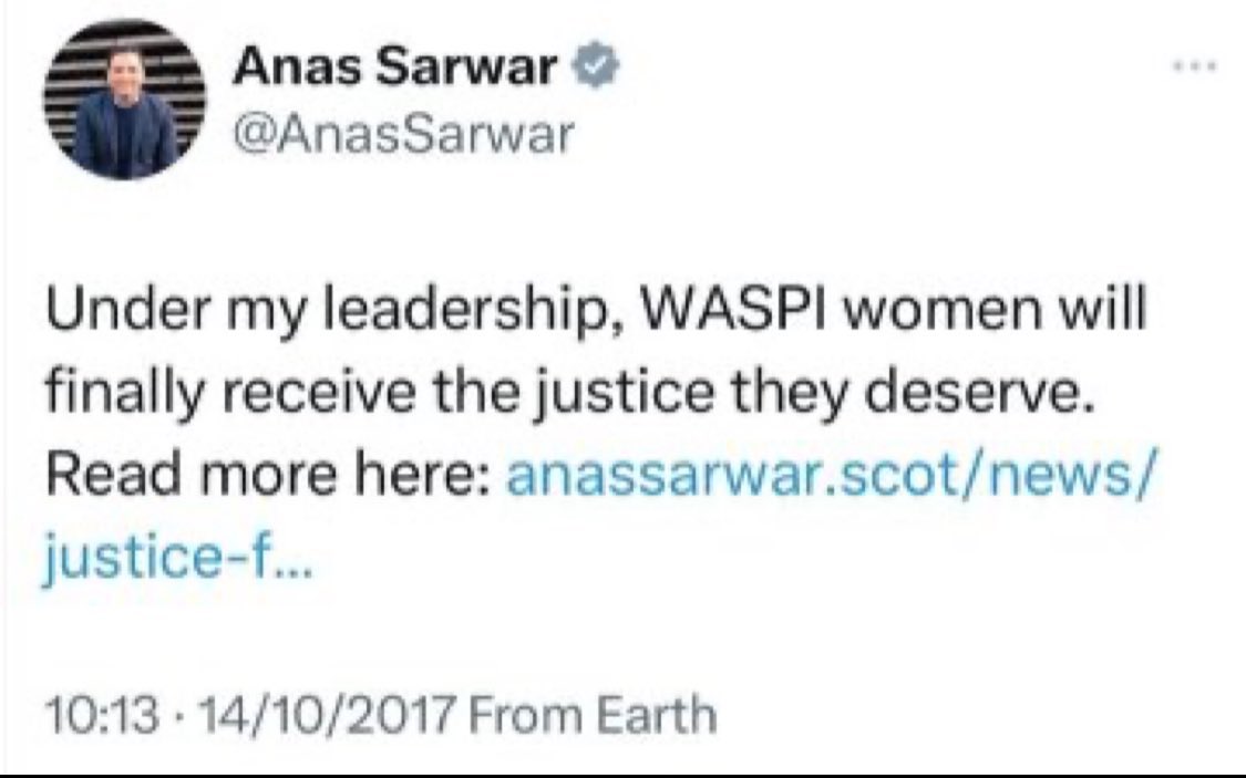 @AnasSarwar I hope that every WASPI woman in Scotland is made aware of what the Scottish Labour Party did or, more accurately, what they didn't do. How they could choose to abstain on such an issue of obvious unfairness to these women is simply incredible. 👇this aged well.