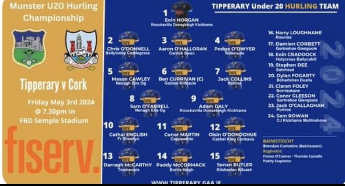 Best of luck to Billy O’Brien, Patrick Hackett, Austin Duff and selector Willie Ryan and the Tipp minors tonight against Clare. Best of luck to Darragh McCarthy and the Tipp 20s tomorrow evening against Cork.