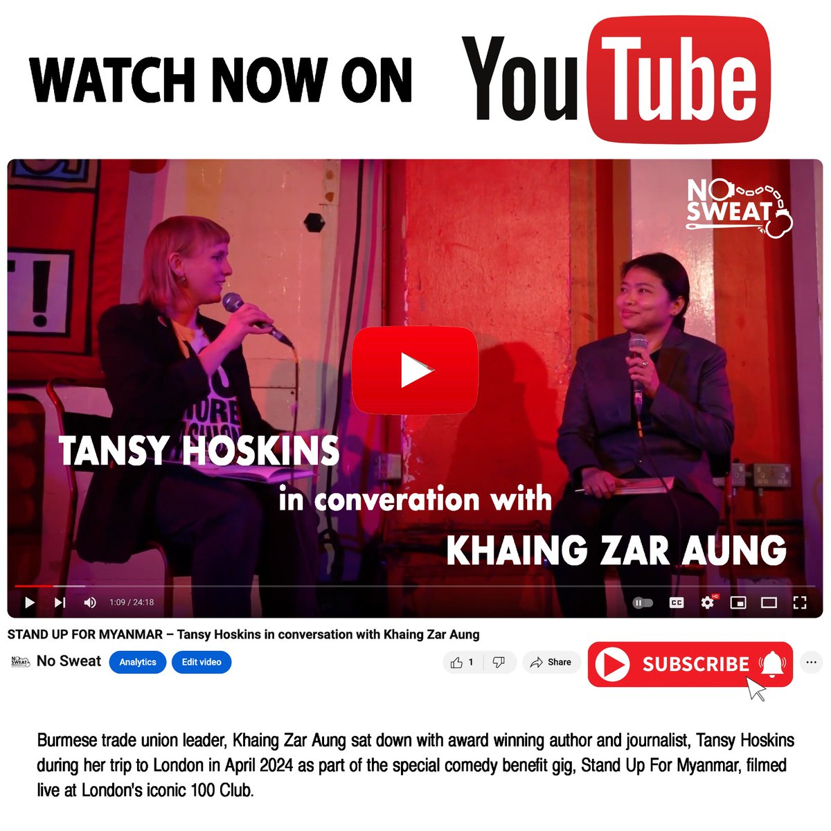 WATCH NOW!! Award winning author and journalist Tansy Hoskins in conversation with Khaing Zar Aung live at The 100 Club, London, discussing the situation for workers in Myanmar and the fight fir democracy and freedom. youtu.be/DZsFS-z0kso?si…