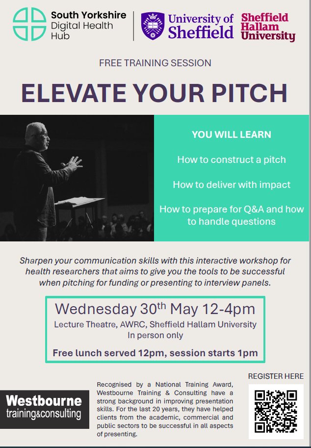 ATTENTION HEALTH RESEARCHERS! Come along to 'Elevate Your Pitch', a FREE in person training session that gives you the tools to pitch successfully. Lunch included! Wednesday 30 May, 12-4pm at AWRC. Register here shorturl.at/jCL49 #digitalhealth
