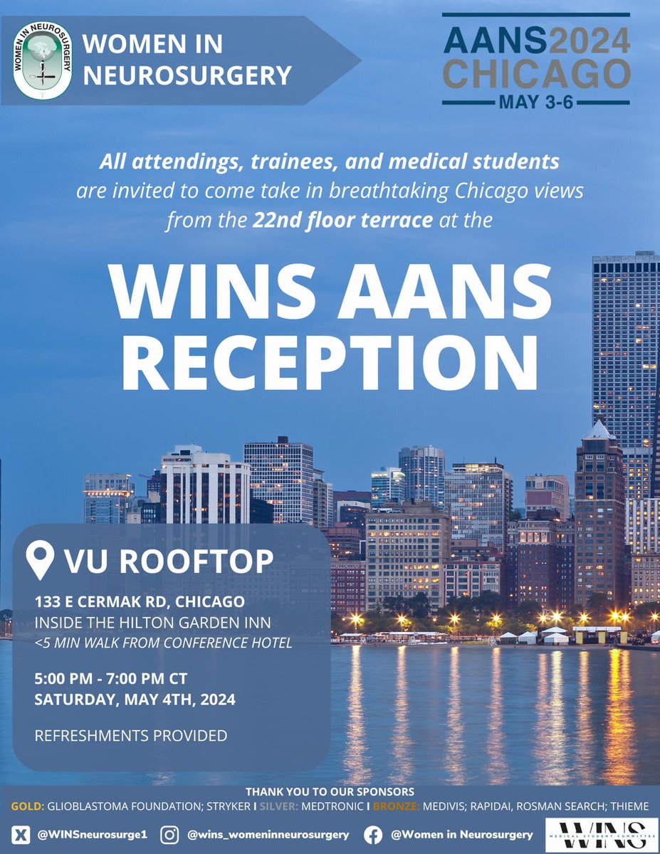 Excited for the kickoff of AANS tomorrow! Don't forget to mark your calendars for our WINS reception on May 4th, 5-7pm CST at VU Rooftop. Let's connect and celebrate together! 🎉 @AANSNeuro @vurooftop 

#WINSxAANS2024 #AANS2024 #WomenInNeurosurgery #Neurosurgery