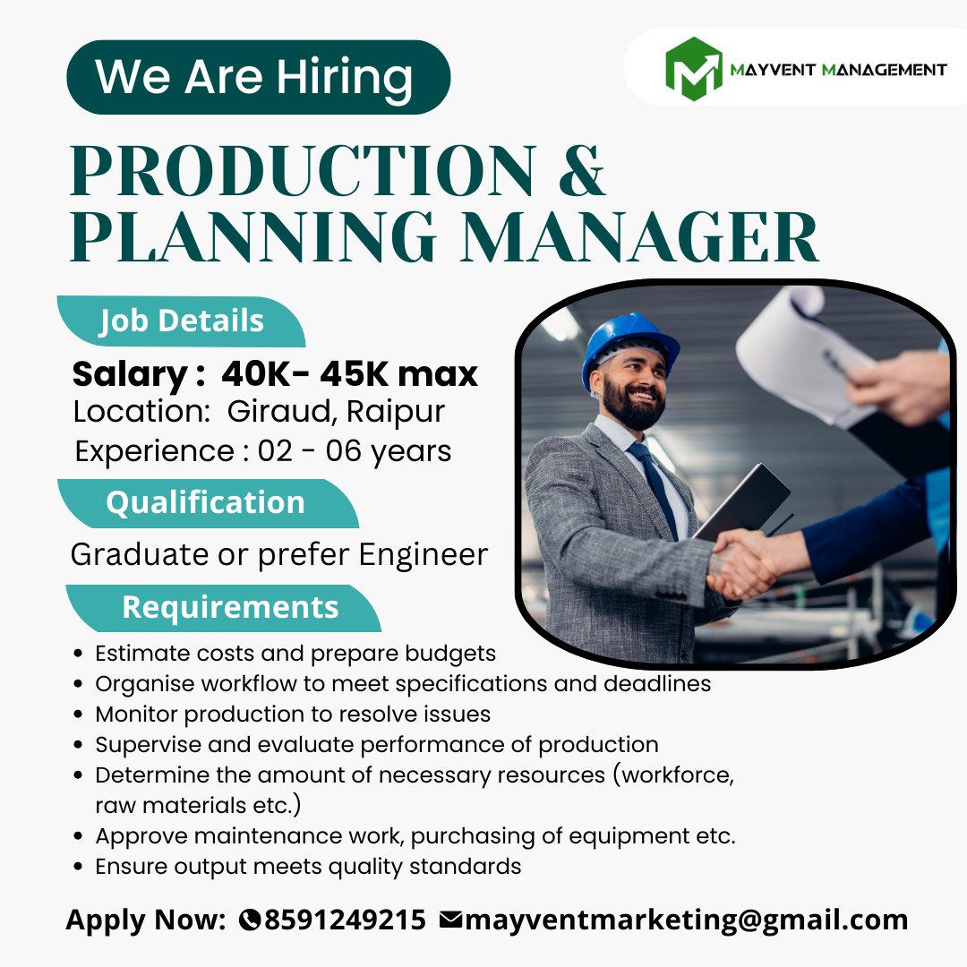 Mayvent Management is hiring for Factory Supervisor. . . . .
#mayvent #humanresourcemanagement #productionmanager #planningmanager #masshiring #hiring #manufacturingjobs #managerjobs #budgeting #jobs #raipur #experienced #experiencedjobs #tcs #infosys #joboffer #jobdescription