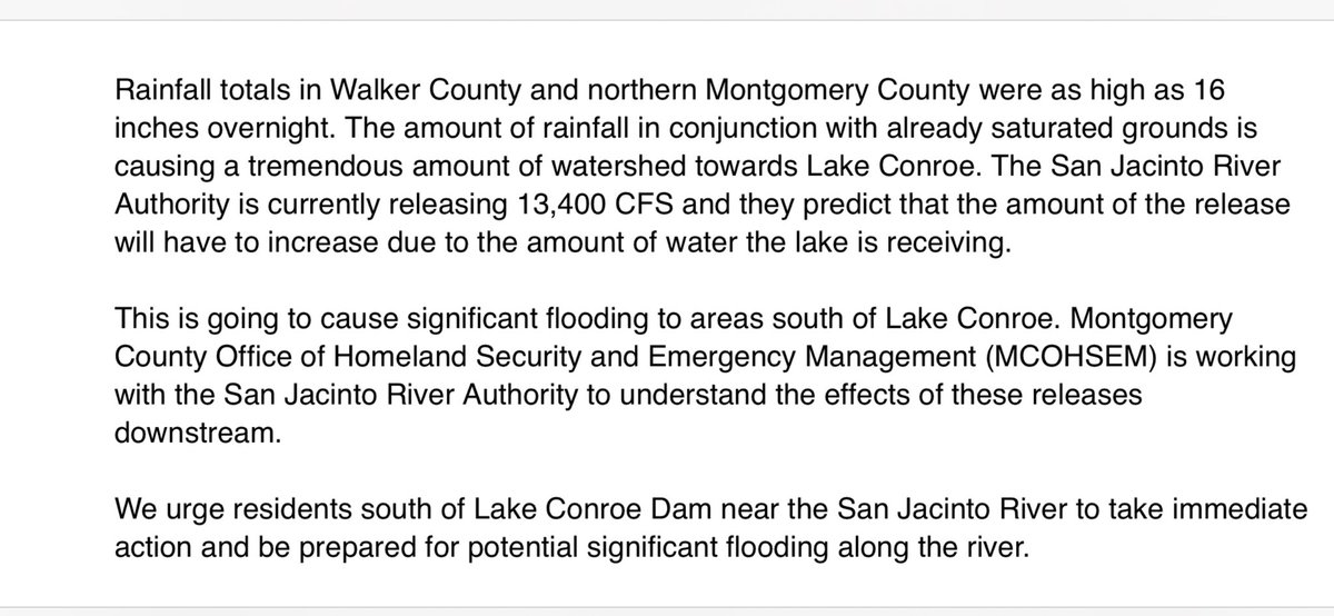 Thursday, 5/2. 7:10a.m. Significant flooding expected south of Lake Conroe. The Montgomery County Office of Homeland Security and Emergency Management urges residents south of the Lake Conroe dam to take immediate action. #khou11