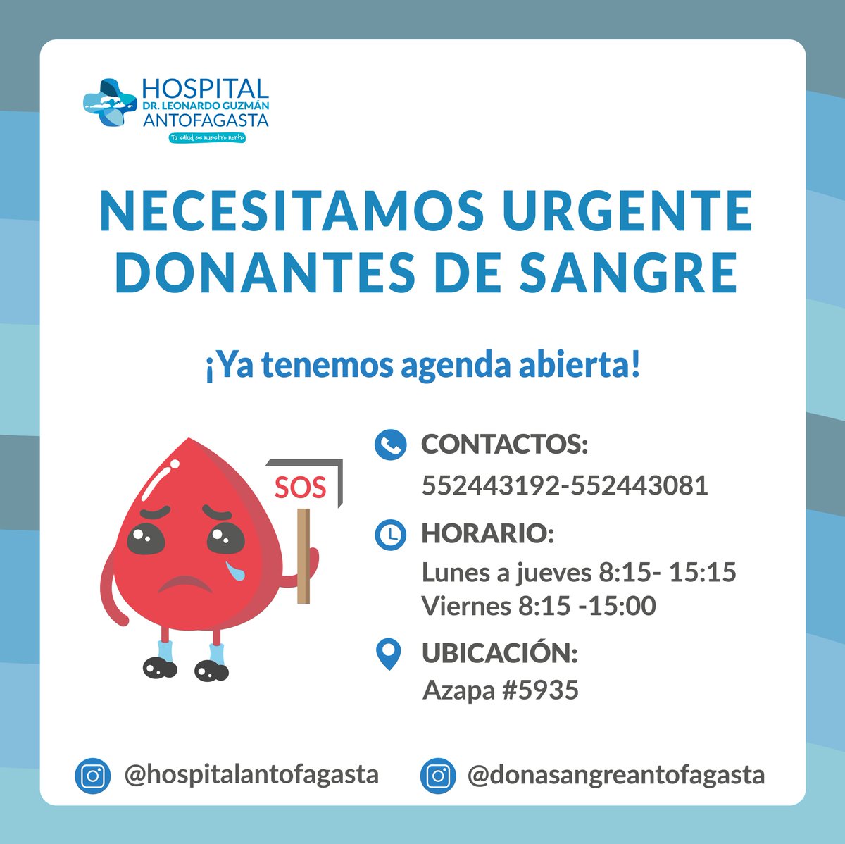 #Antofagasta | ¿Pensando en alguna buena acción para estos días? 
¡Ven a donar sangre! 
Donar es un acto voluntario y simple que no produce molestias.
¿Conoces los requisitos? 
+Inf: 552443192 - 552442083
#DonarSangreSalvaVidas
