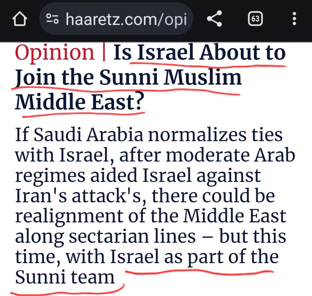 أخيراً اعتنقت #إسرائيل عقيدة أهل السنة والجماعة بفهم السلف الصالح، وأصبحتْ 'على وشك الانضمام إلى الشرق الأوسط السُّنِّي'، وغدَتْ جزءا عضويا من الصراع الطائفي في المنطقة 'لكن كجزء من الفريق السُّنِّيٍ'... طبقا لصحيفة (هآرتس) الصهيونية! --- #غزة الكاشفة كشفت الجميع.