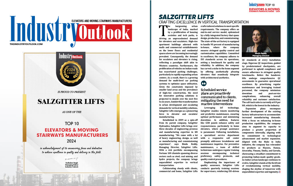 Excited to share that Salzgitter Lifts has been awarded as one of the TOP 10 Elevators & Moving Stairways Manufacturers in 2024 by Industry Outlook! 
#SalzgitterLifts #IndustryOutlook #Top10Manufacturer #ElevatorInnovation #TeamWork #ExcellenceInElevators #MovingStairways