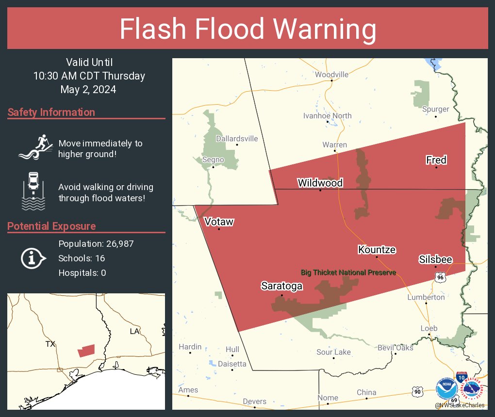Flash Flood Warning including Silsbee TX, Kountze TX and  Wildwood TX until 10:30 AM CDT