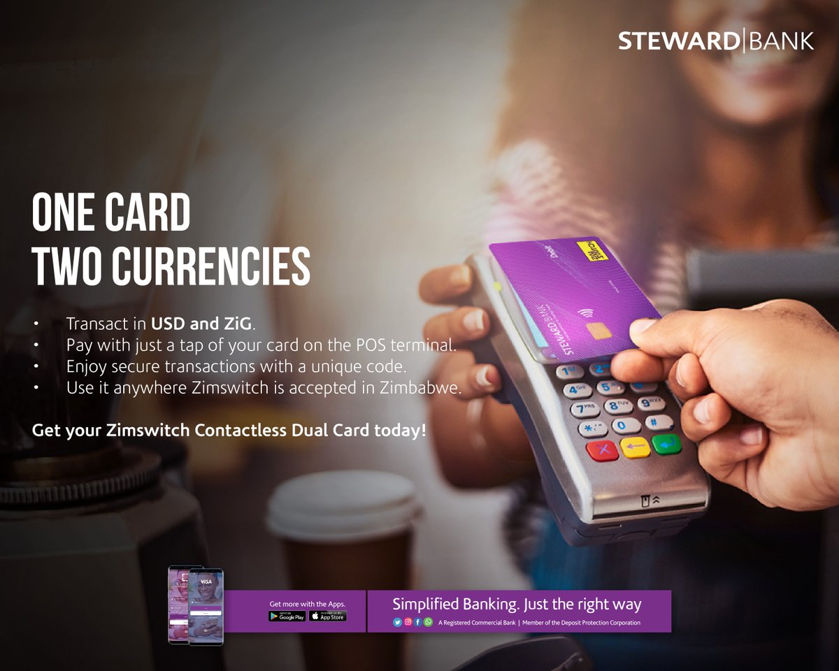 One Card, Two Currencies!

Get the ZimSwitch contactless dual currency card for fast and secure payments in both ZiG & USD.

#WeveGotYou
