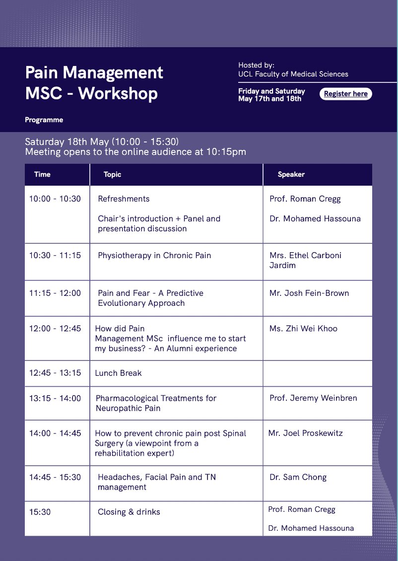 UCL Pain Management MSc workshop, this time available to attend both online and in-person! Join us on the 17th & 18th May for an insightful hybrid event on the latest advancements in pain management. Register here: eventbrite.co.uk/e/ucl-pain-man…