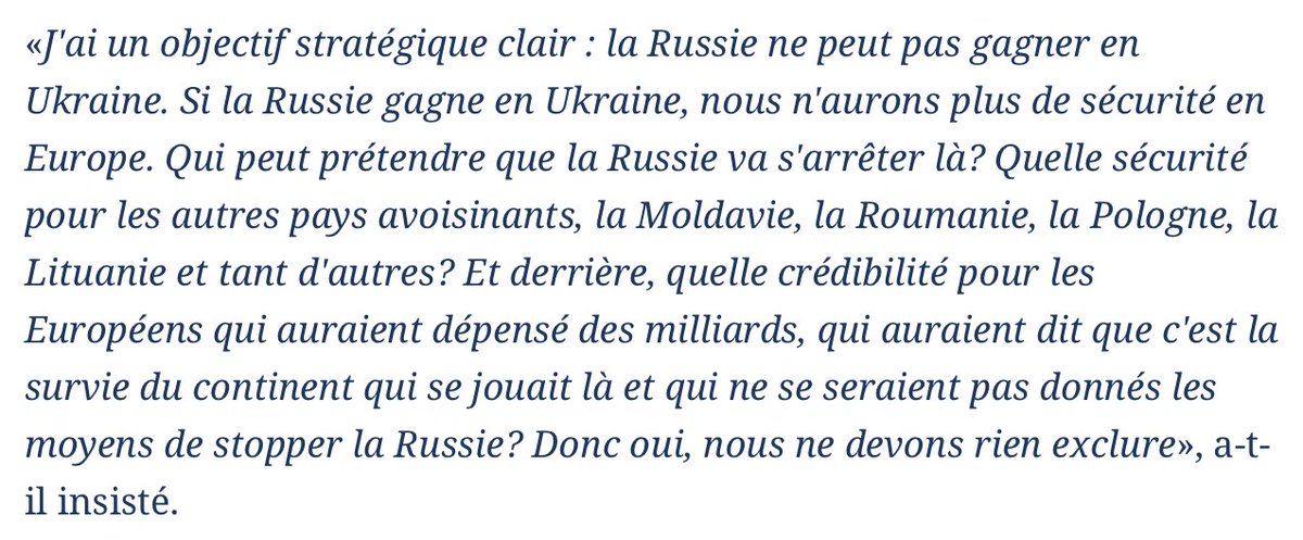 ⚠️Macron est un fou dangereux, il VEUT la guerre. Il invoque des arguments grotesques (en vrai la Russie gagne largement et ne veut pas envahir l'Europe). Ce serait une défaite mais ce pervers parie dessus pour ressouder les Français autour de lui. ✅lefigaro.fr/international/…