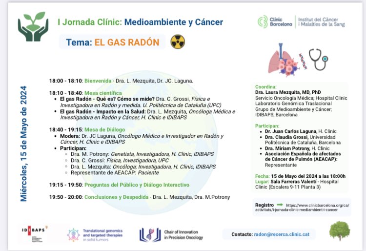 Claudia Grossi (@claudiagrossi4) on Twitter photo El próximo día 15 de mayo he sido invitada en la jornada ‘Medioambiente y Cancer’ organizada por <a href="/LauraMezquitaMD/">Laura Mezquita</a> del <a href="/hospitalclinic/">Hospital Clínic</a> para discutir sobre radón y sus posibles efectos sobre nuestra Salud El próximo día 15 de mayo he sido invitada en la jornada ‘Medioambiente y Cancer’ organizada por <a href="/LauraMezquitaMD/">Laura Mezquita</a> del <a href="/hospitalclinic/">Hospital Clínic</a> para discutir sobre radón y sus posibles efectos sobre nuestra Salud