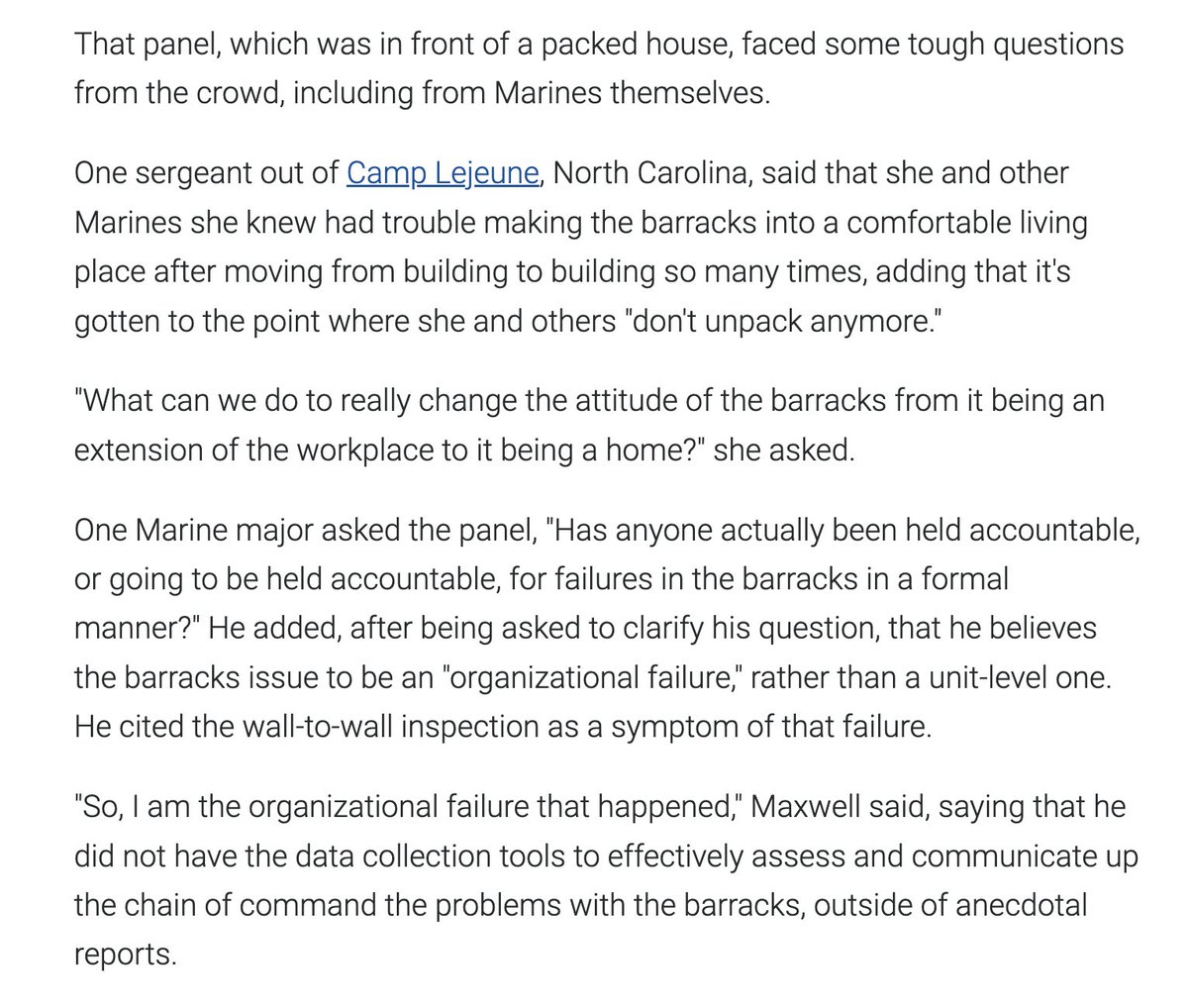 The thrust of this story revolves around the initial and broad results of the Corps' force-wide barracks inspection. But Marine leaders faced some tough questions from the crowd -- from Marines themselves -- in front of a full audience. A snippet: