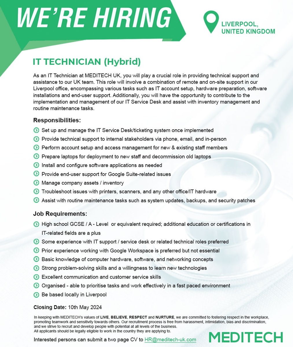 MEDITECH UK is looking for an  IT Technician to join our growing team. If you have a passion for technology and a desire to grow in the field of IT  - we would love to hear from you! For more information, please reach out to HR@meditech-uk.com. #jointheteam #MEDITECHcareers