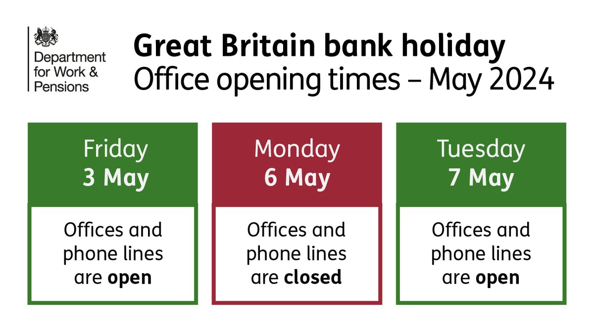 Information for claimants: Jobcentre Plus offices will be open on these days over the bank holiday weekend. Find out more gov.uk/contact-jobcen…