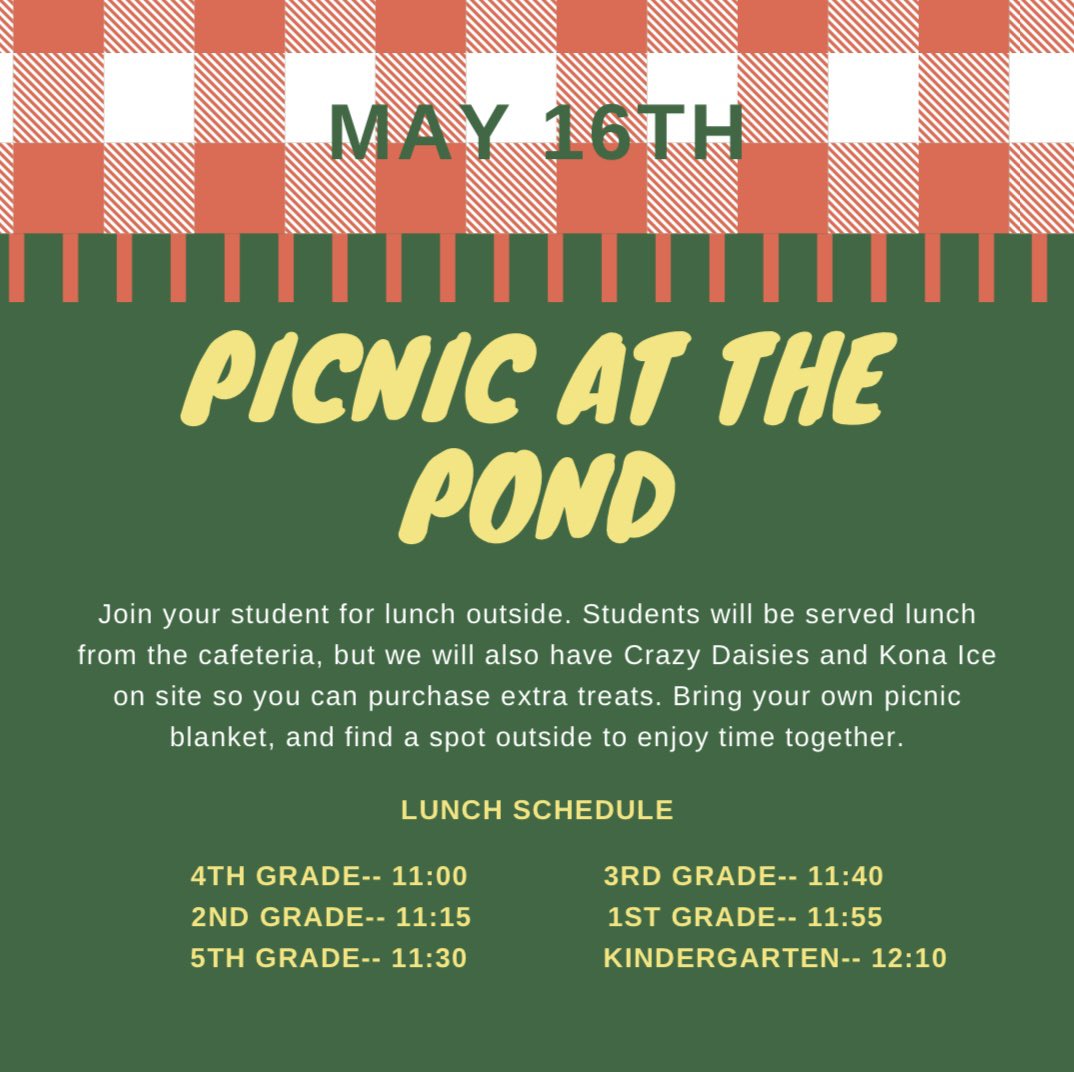 Mark your calendars! We’re excited to have families together to celebrate the end of the year with a Picnic at the Pond!