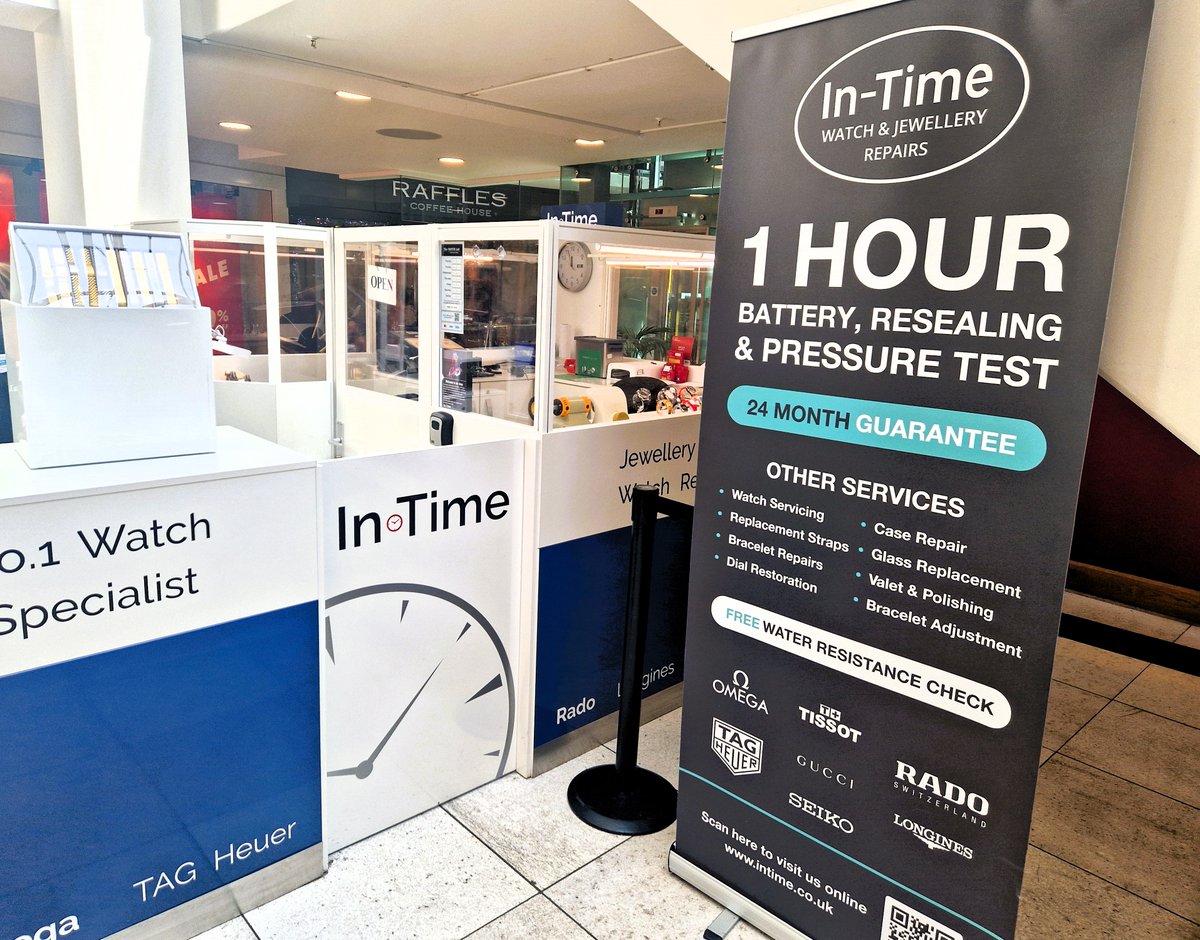 Our services at In-Time: Batteries & Reseal Movement Repairs & Servicing Valeting Dial Restoration Glass Replacement Straps & Bracelets Free Water Resistance Check Located on the ground level of the centre. #watchrepair #intime #jewelleryrepair