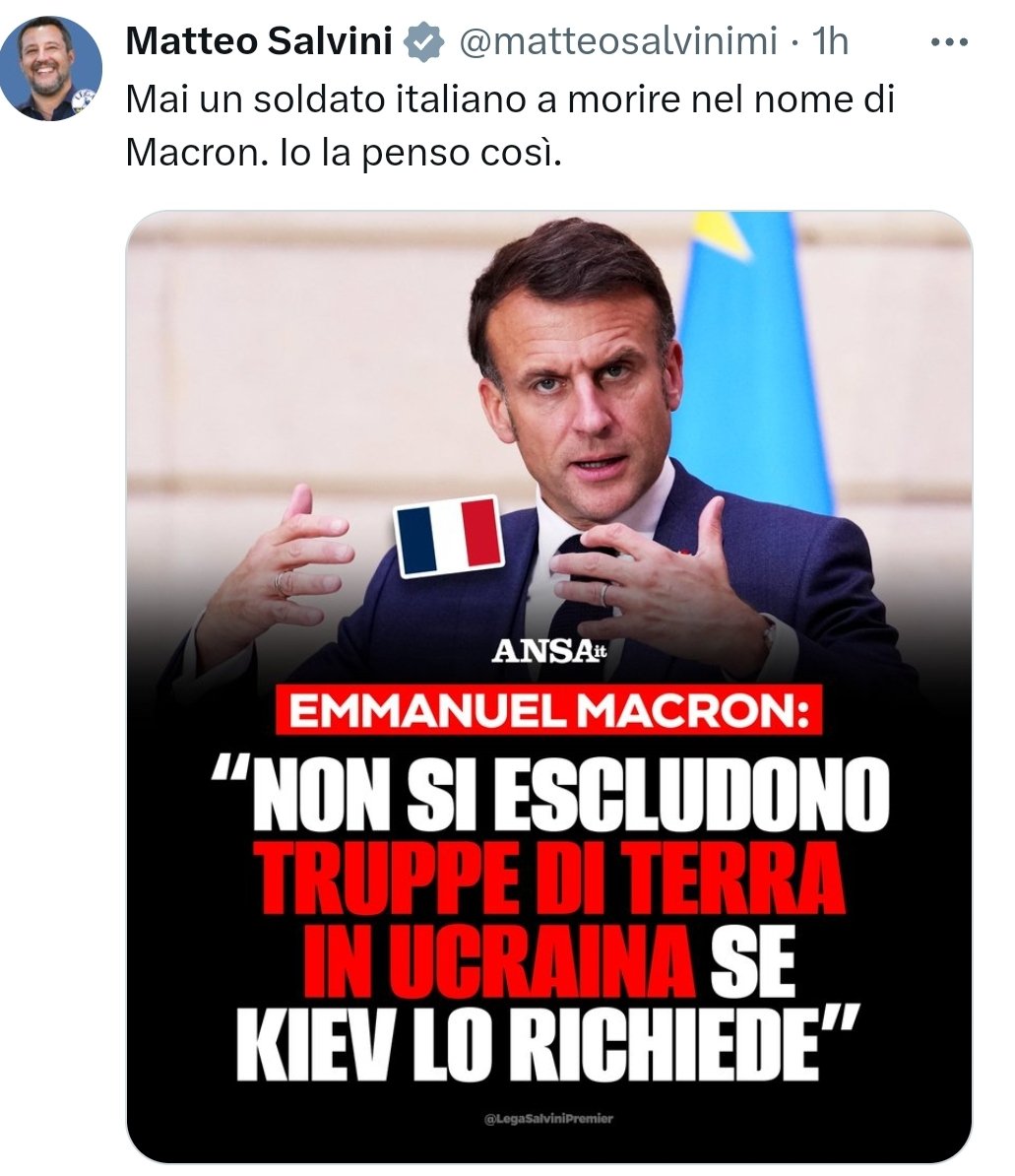 Salvini: 'Never should an Italian soldier die in Ukraine in the name of Macron'. #NoWarinEurope!
@Lega_gruppoID @IDParty_.